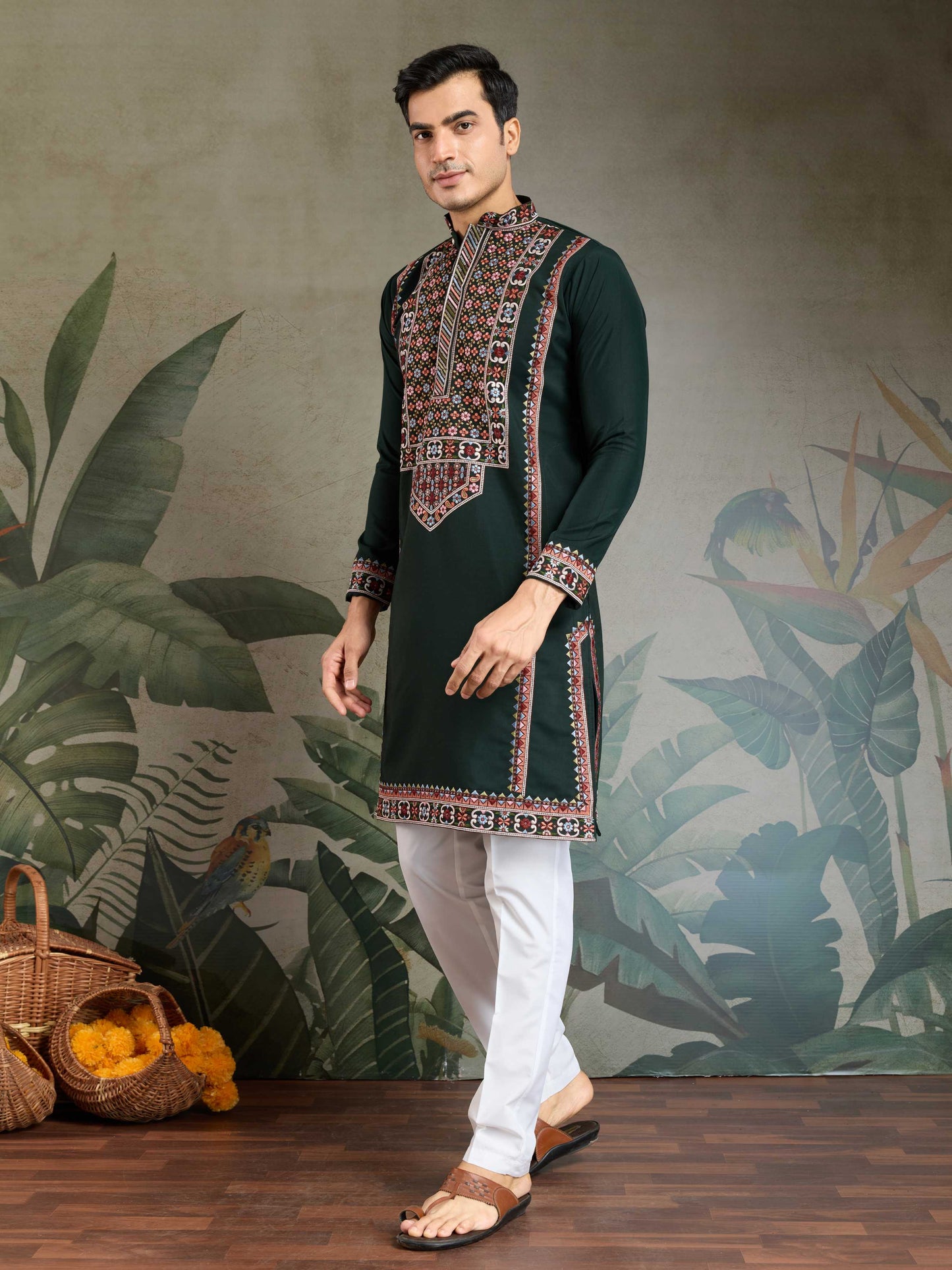 Green color viscose silk mens kurta for wedding