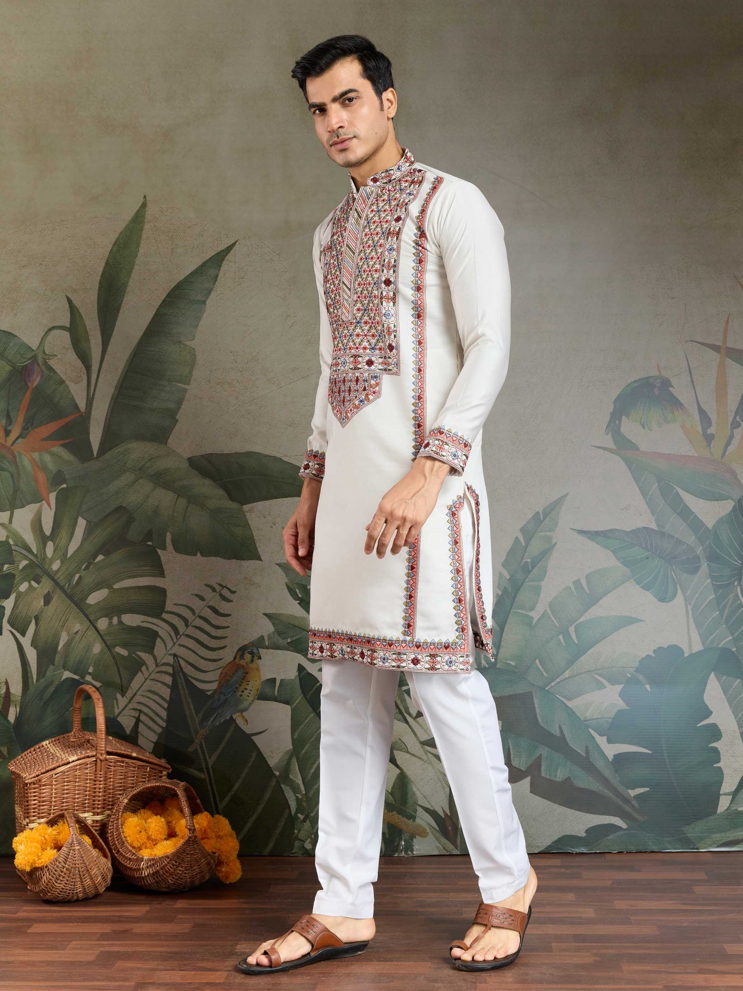 White viscose silk mens kurta for party
