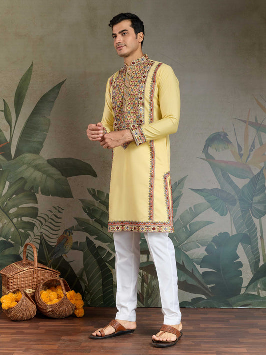 Bollywood Style Yellow Viscose Silk Mens Kurta For Haldi