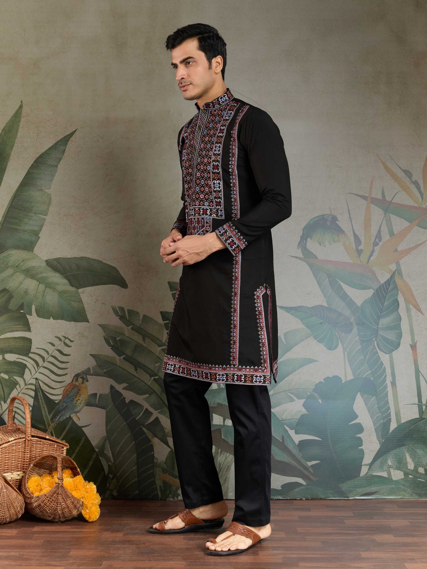 Black viscose silk kurta for mens