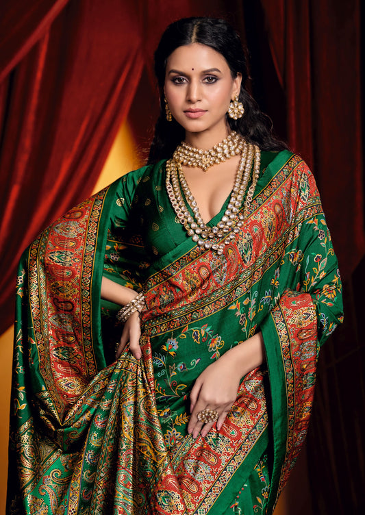 Dark green color tussar silk saree for wedding