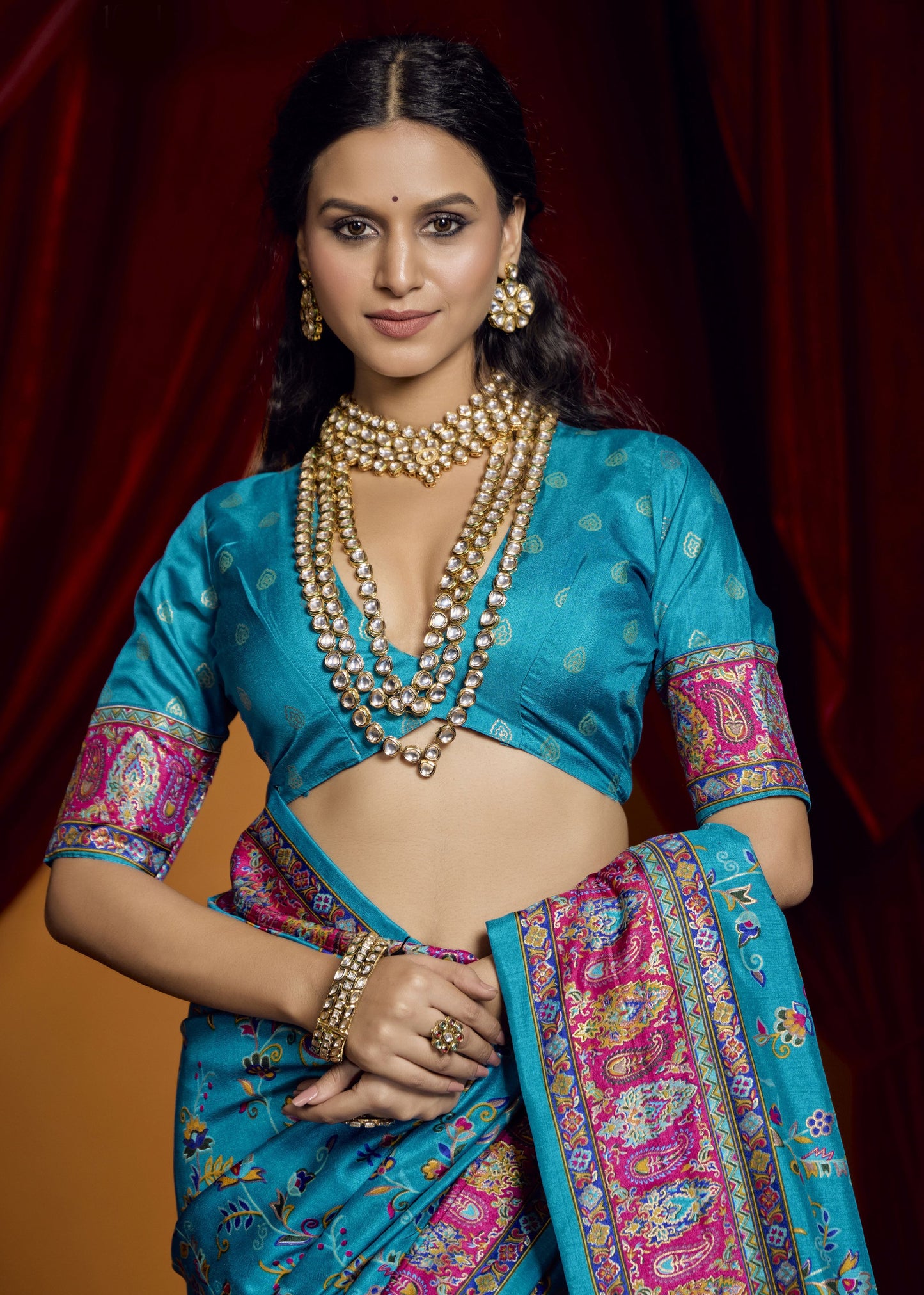 Sky blue color tussar silk saree with blouse online