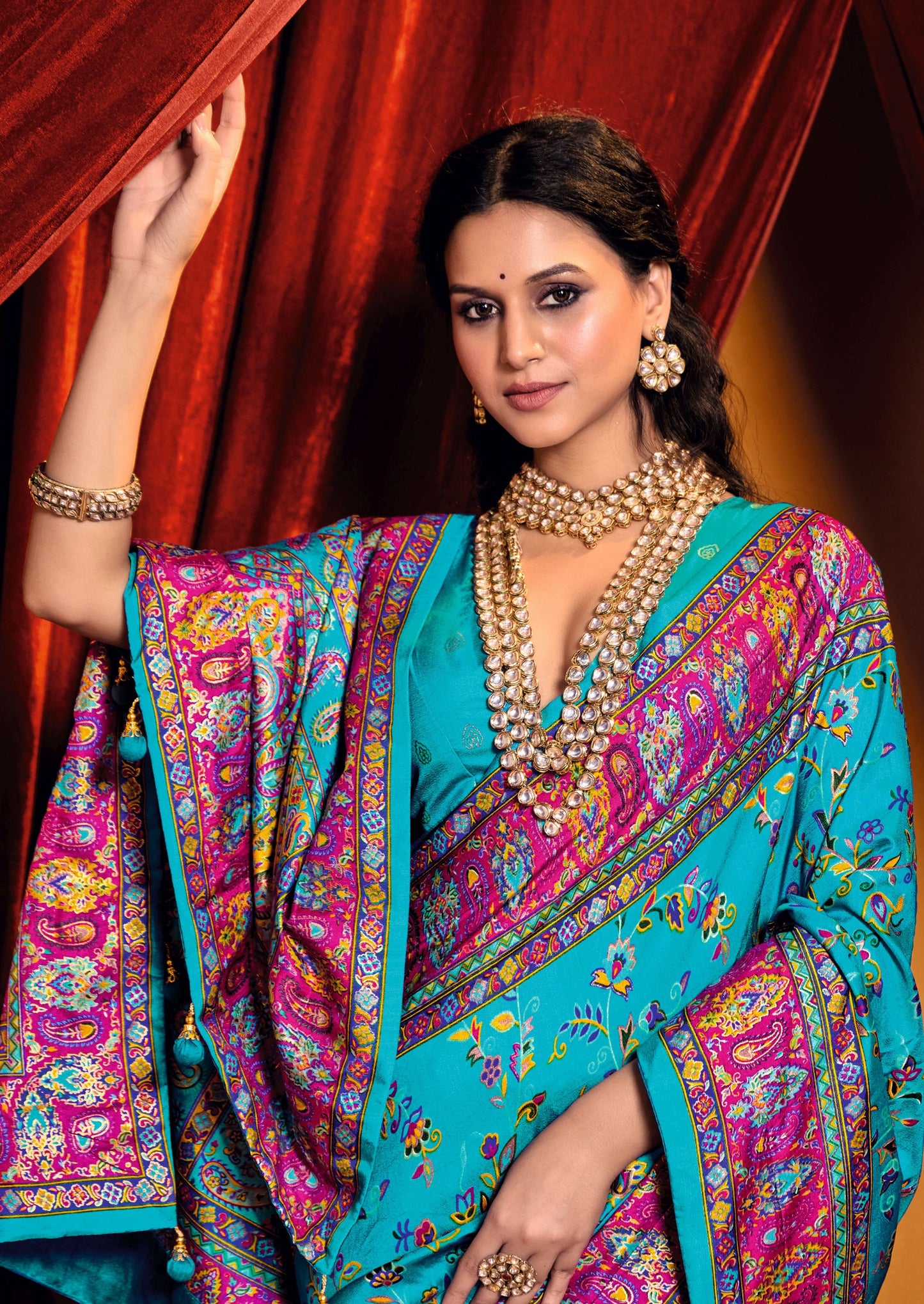 Sky blue color tussar silk saree for wedding