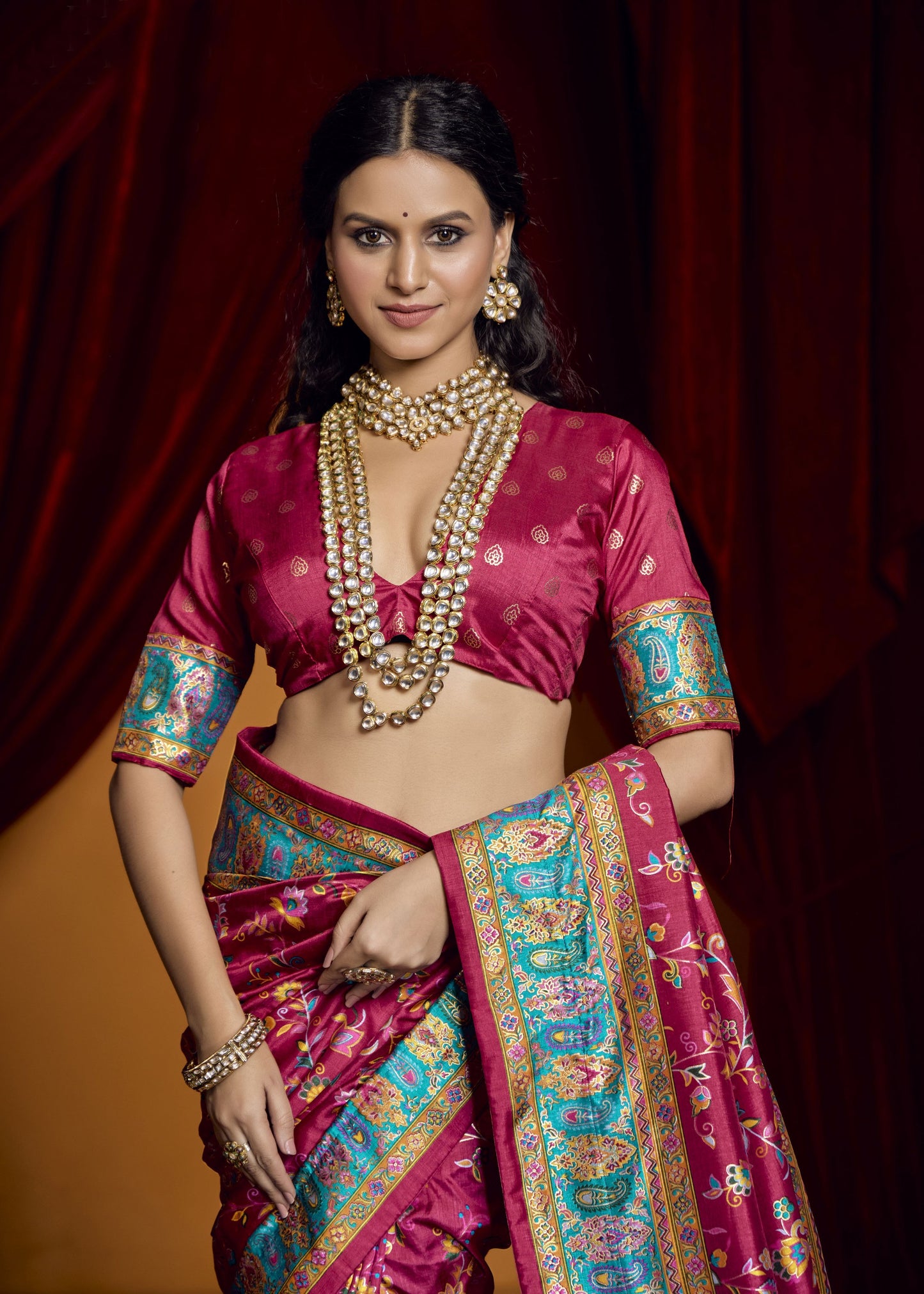 Pink color tussar silk saree with blouse