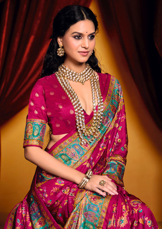 Pink color tussar silk saree for wedding