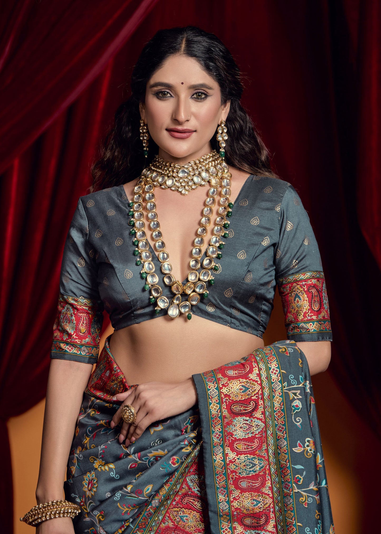 Grey color tussar silk saree with blouse online