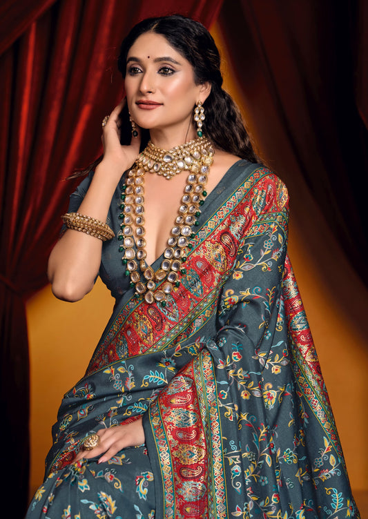 Grey color tussar silk saree for wedding