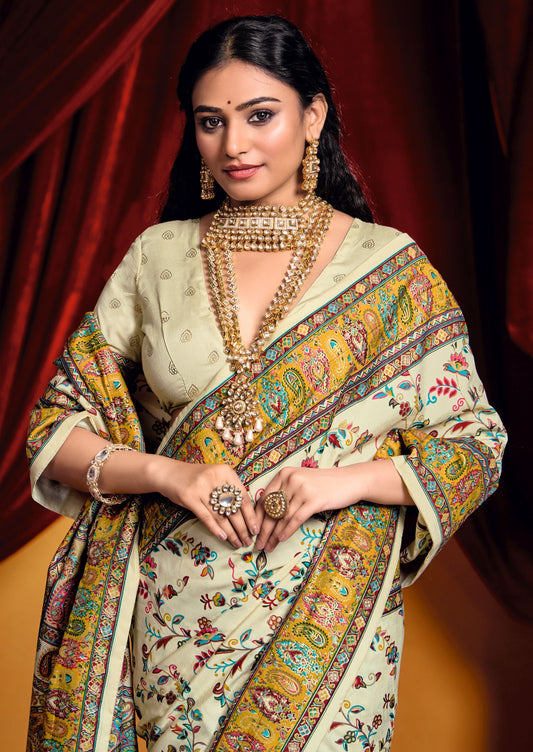 Off white color tussar silk saree for wedding