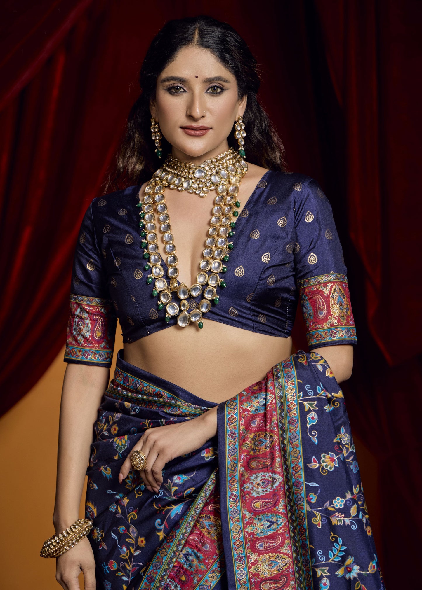 Navy blue tussar silk saree with blouse images