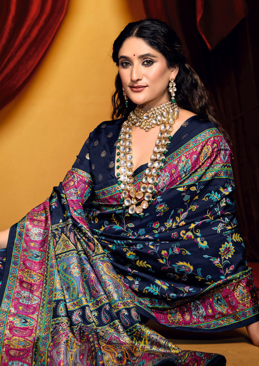 Navy blue tussar silk saree for wedding