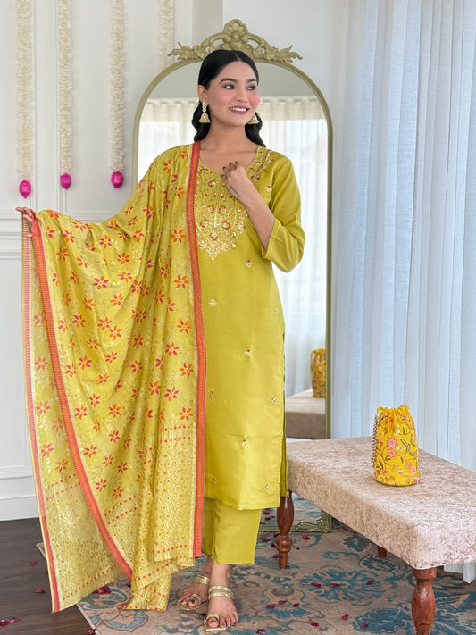 Yellow color viscose chanderi salwar suit with dupatta