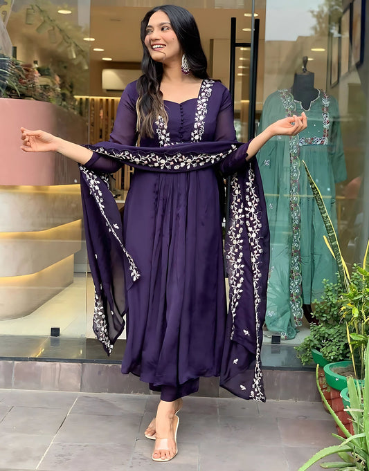 Violet color silk salwar kameez for party