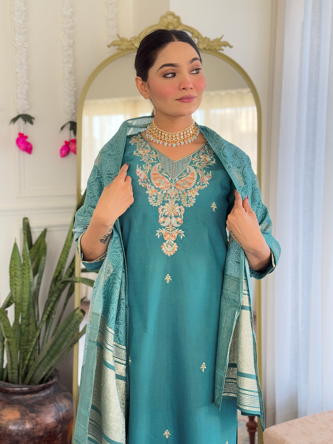 Sea green color viscose chanderi dress with dupatta price