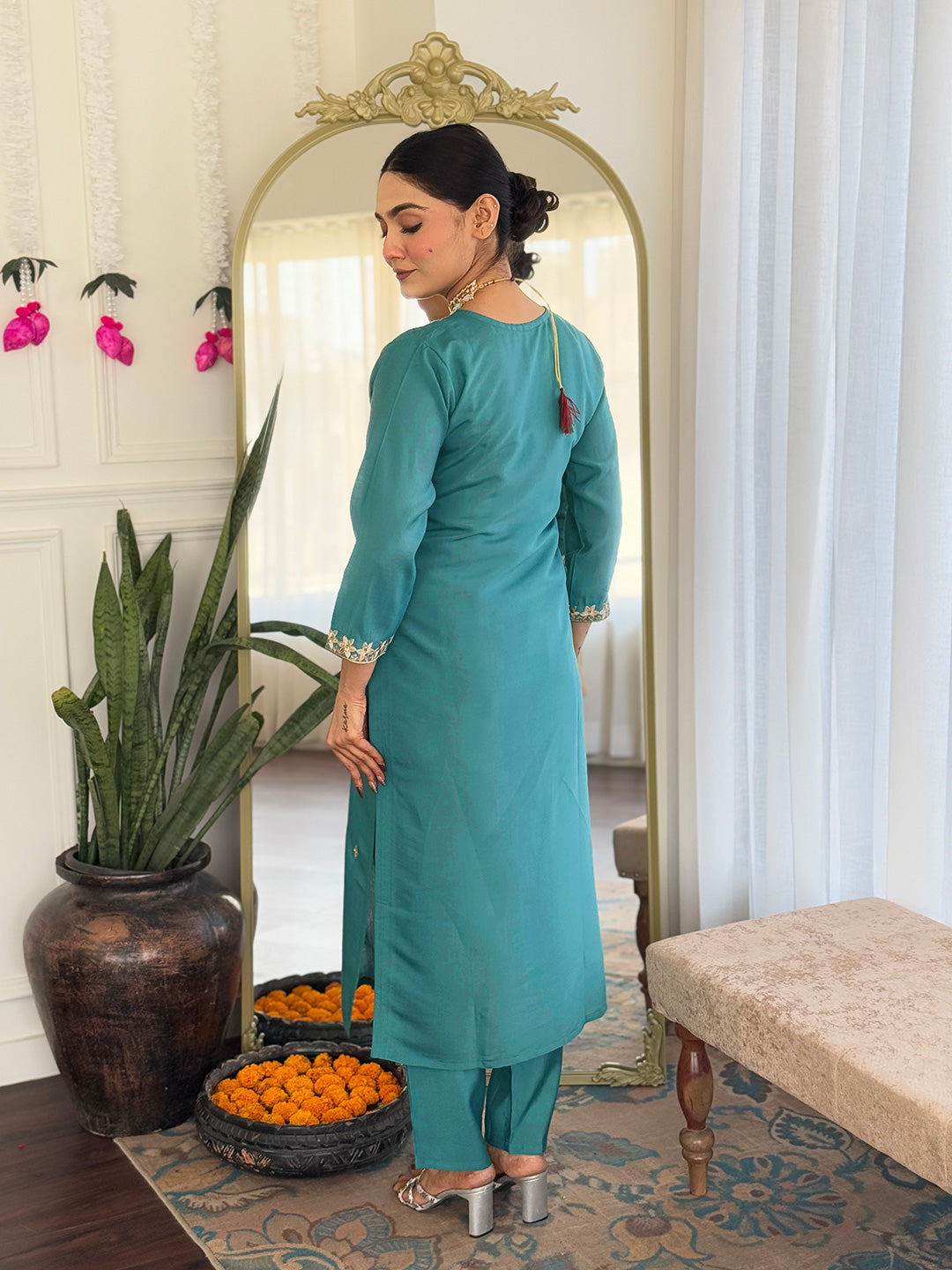 Sea green color viscose chanderi salwar suit with dupatta