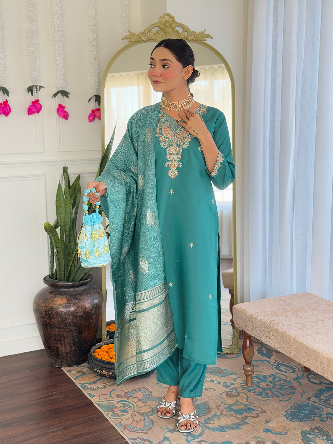 Sea green color viscose chanderi salwar suit for women