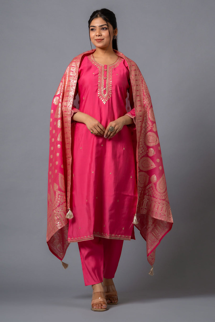 Pink color viscose chanderi salwar suit with dupatta