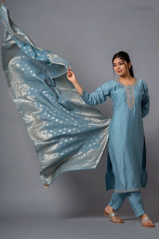 Grey color viscose chanderi salwar suit with dupatta online