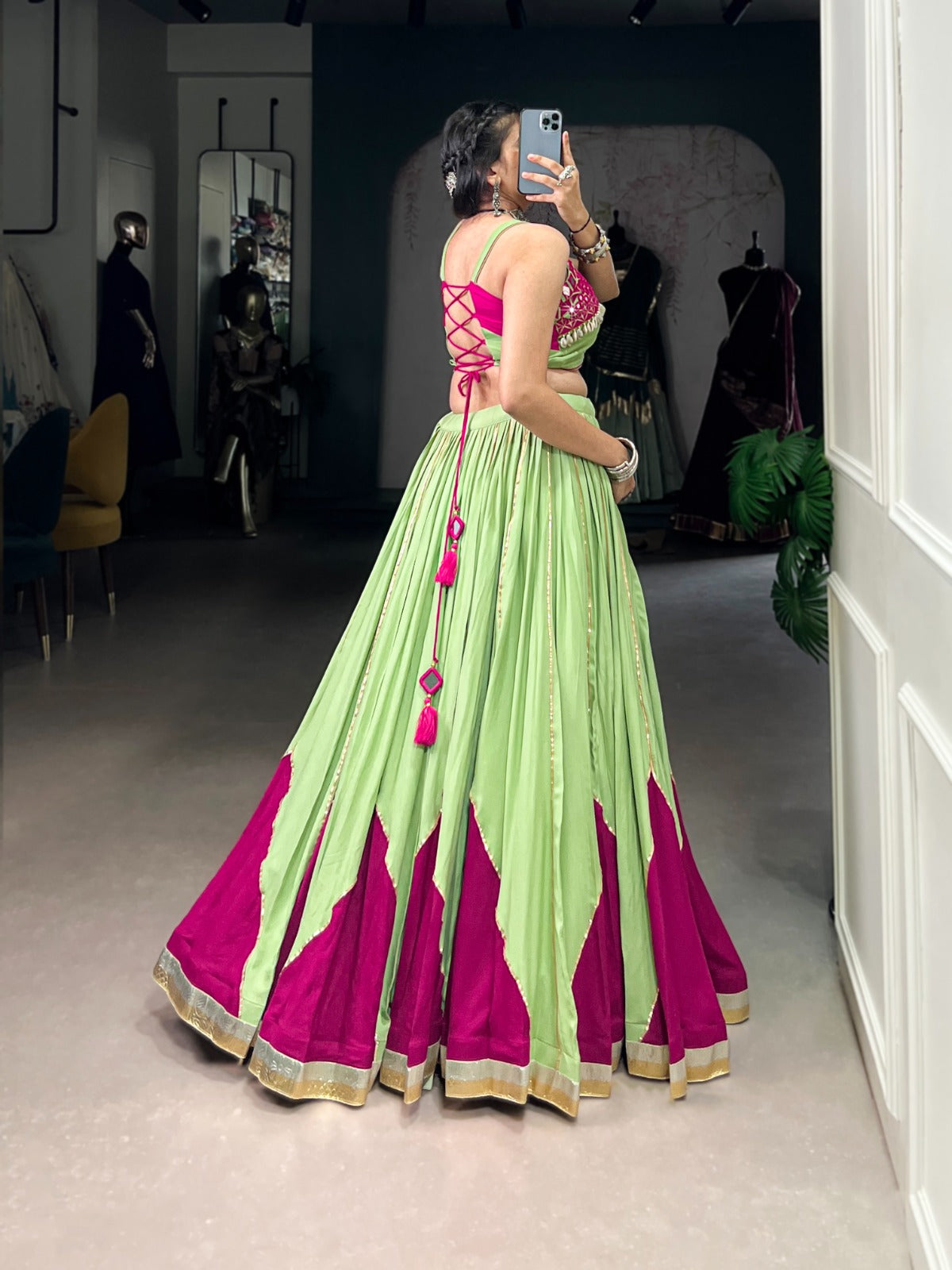 Readymade pista mirror work lehenga