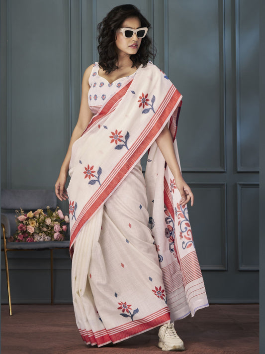 White color linen saree for women