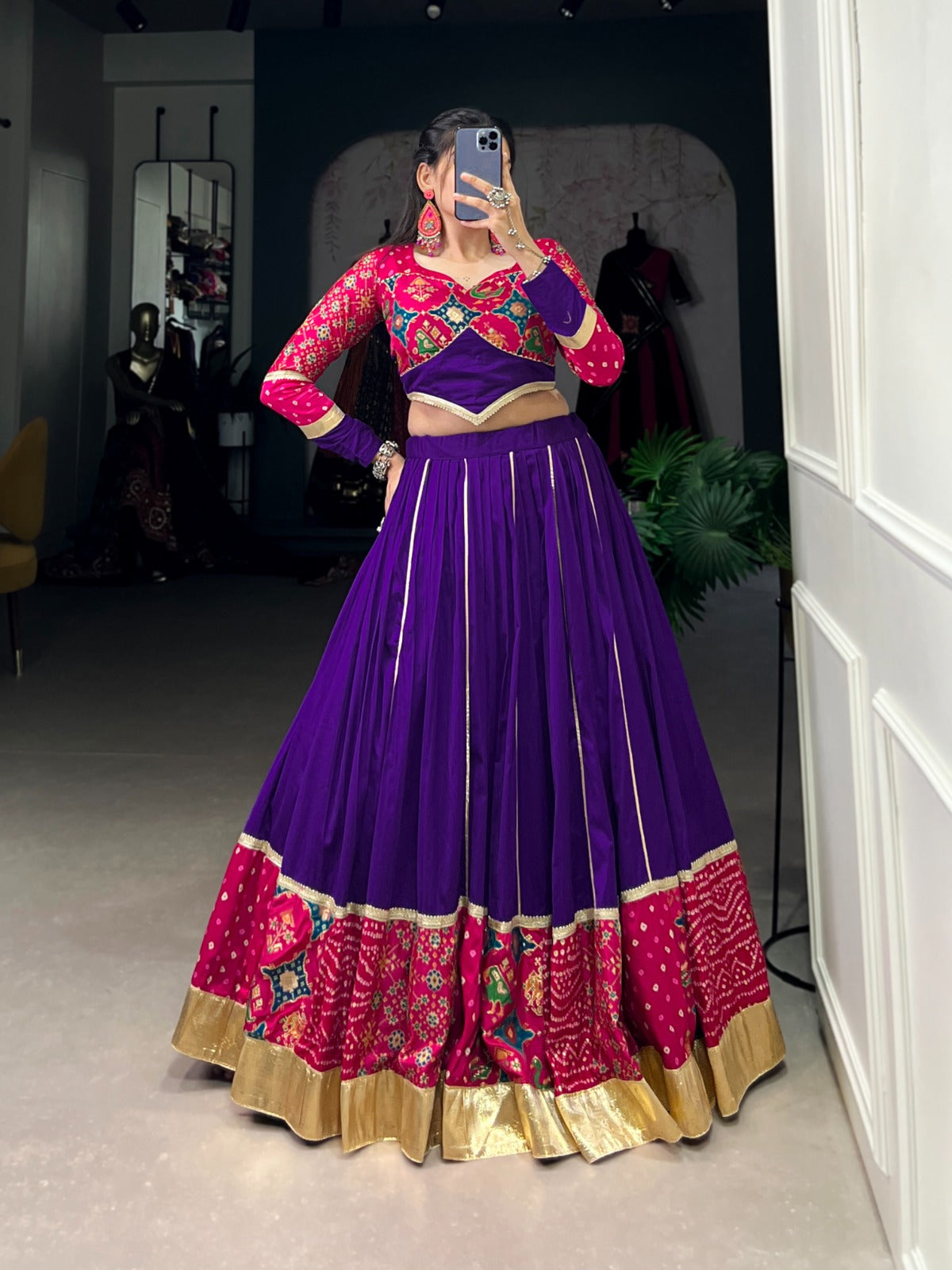 Purple printed silk chaniya choli online shopping
