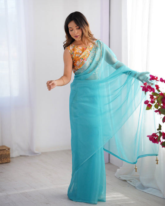 Sky blue color georgette saree for party