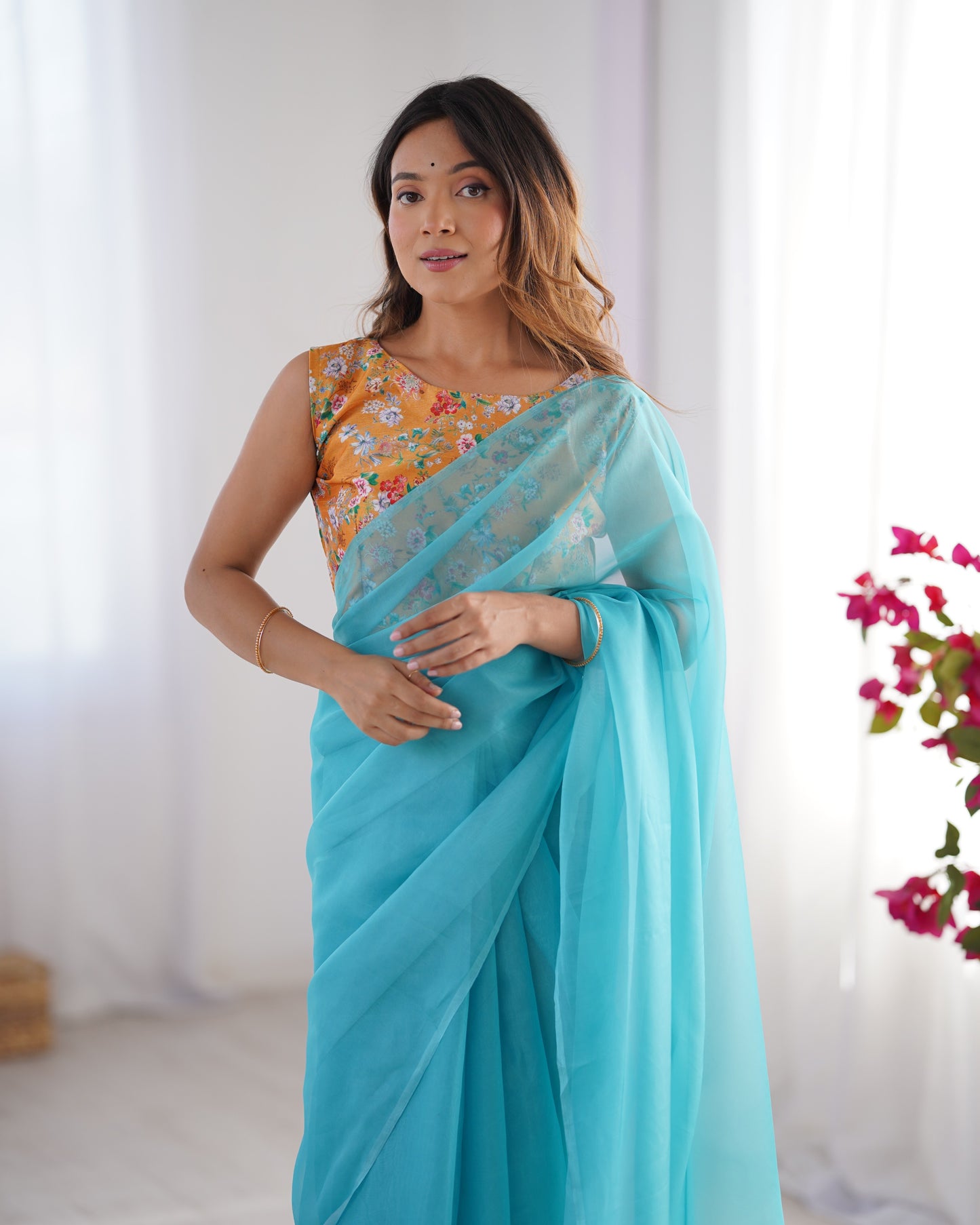 Sky blue color georgette saree for wedding