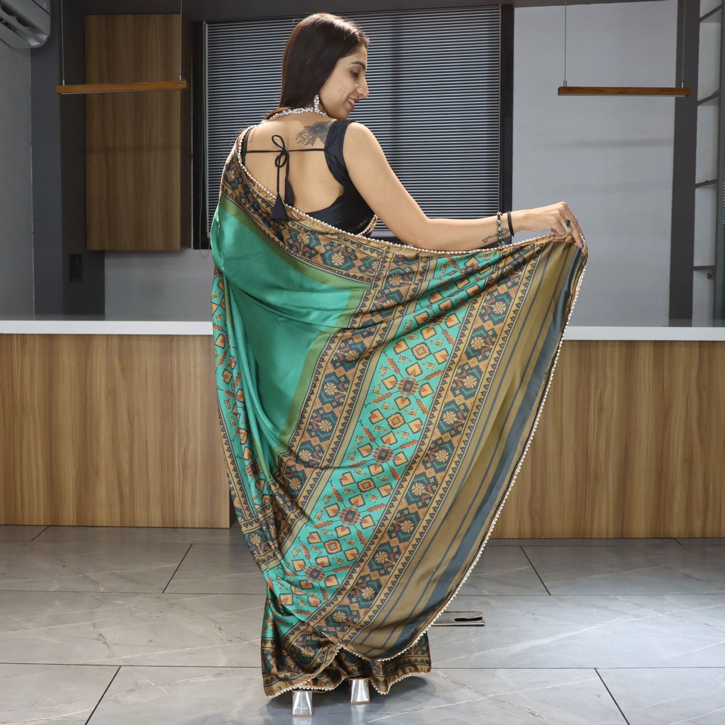 Teal green satin saree for women