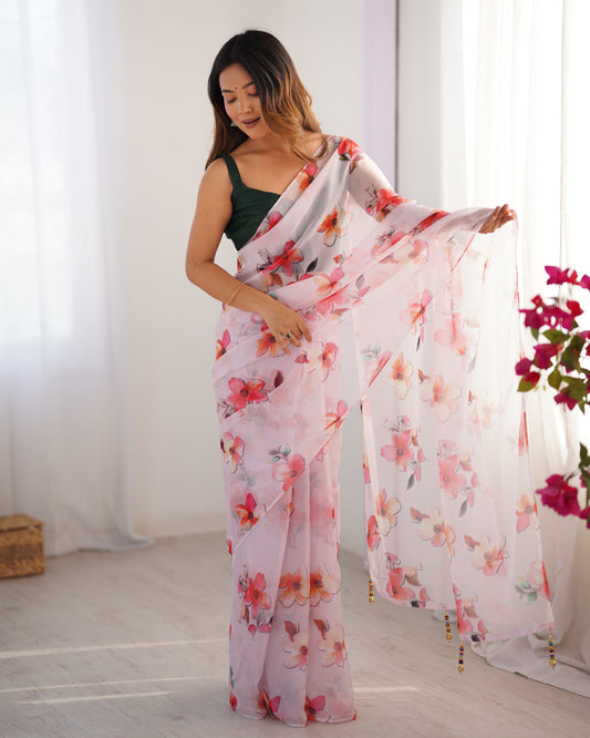 Off white color organza saree for wedding