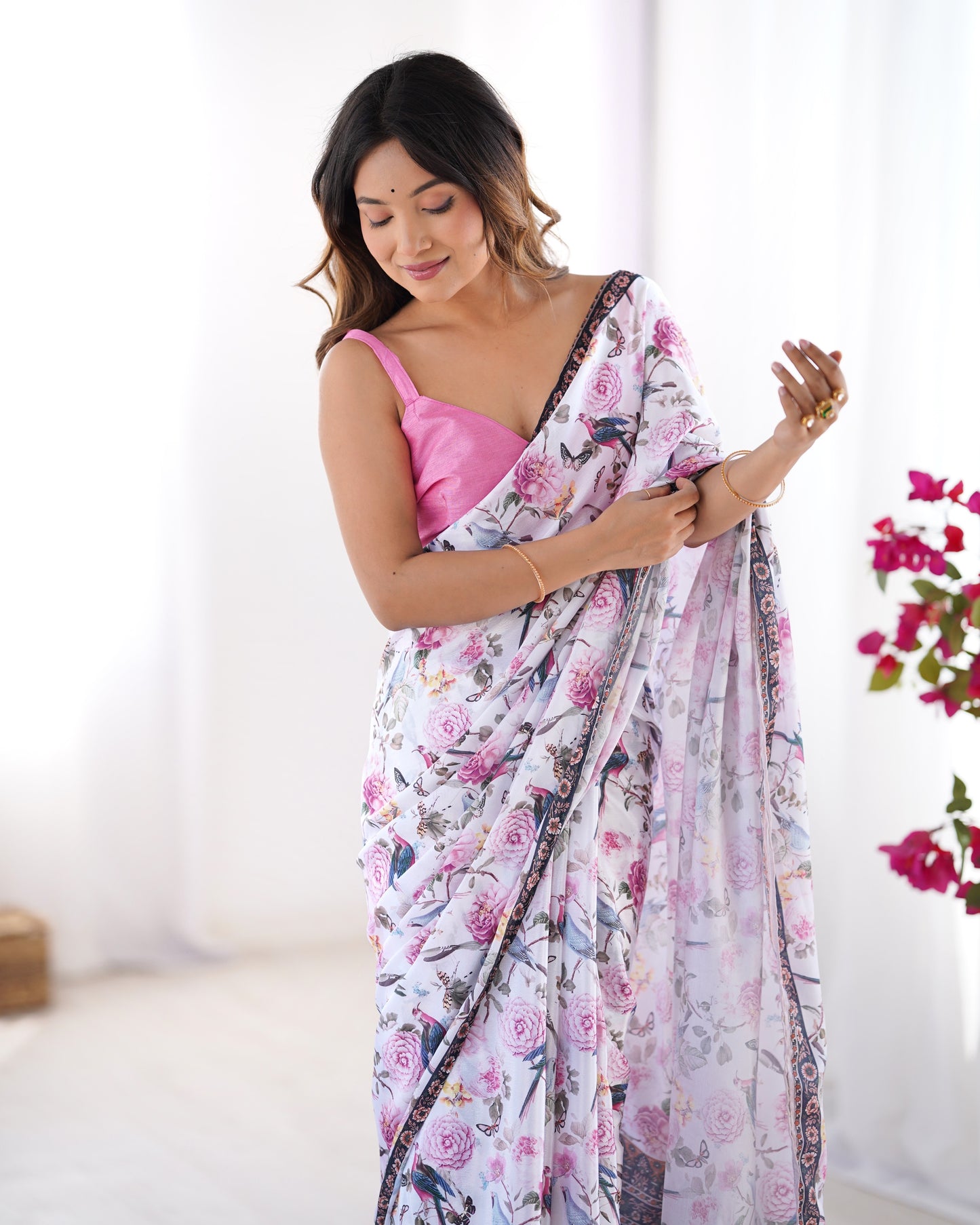 White color chinon saree with blouse online shopping