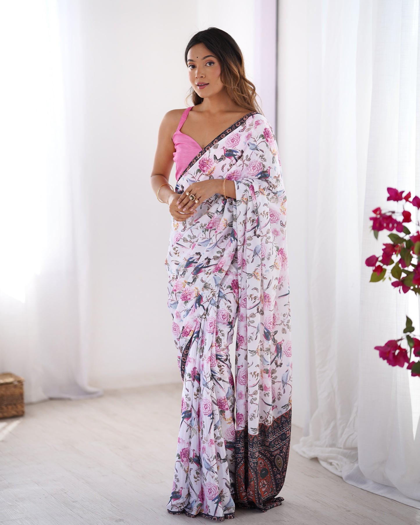 White color chinon saree with blouse online