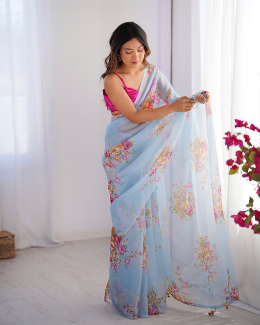 Sky blue color organza saree for wedding