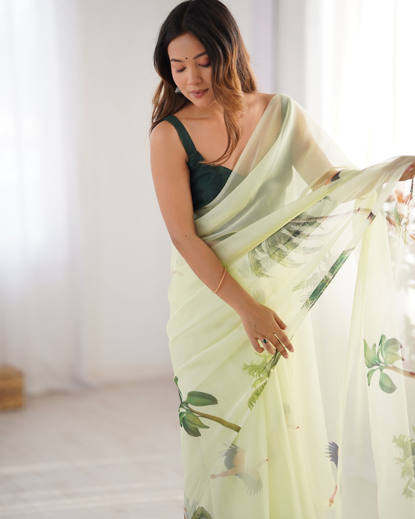 Pista color organza saree with blouse images