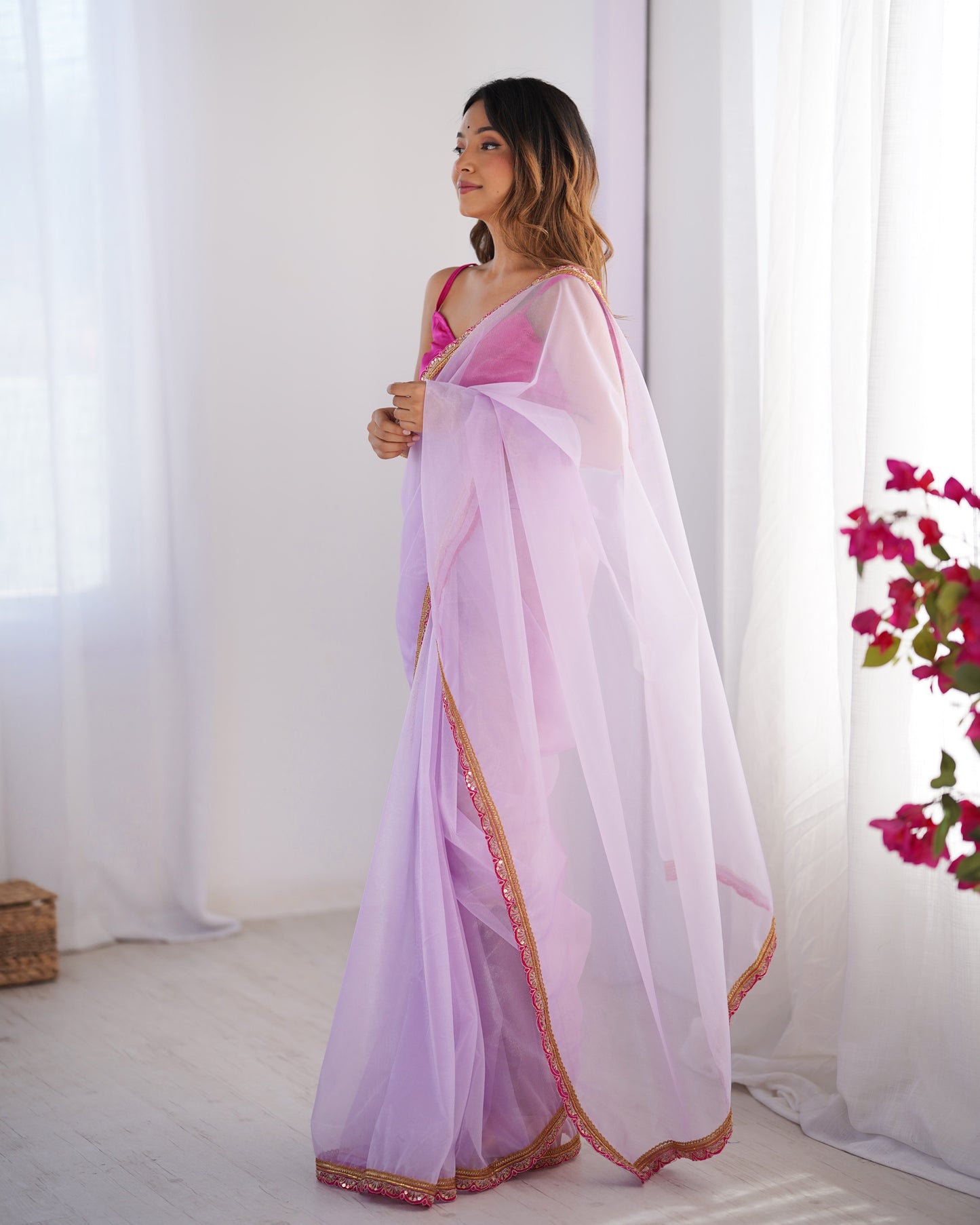 Purple color twill net saree with blouse online
