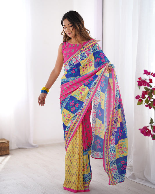Pink color chinon saree for party