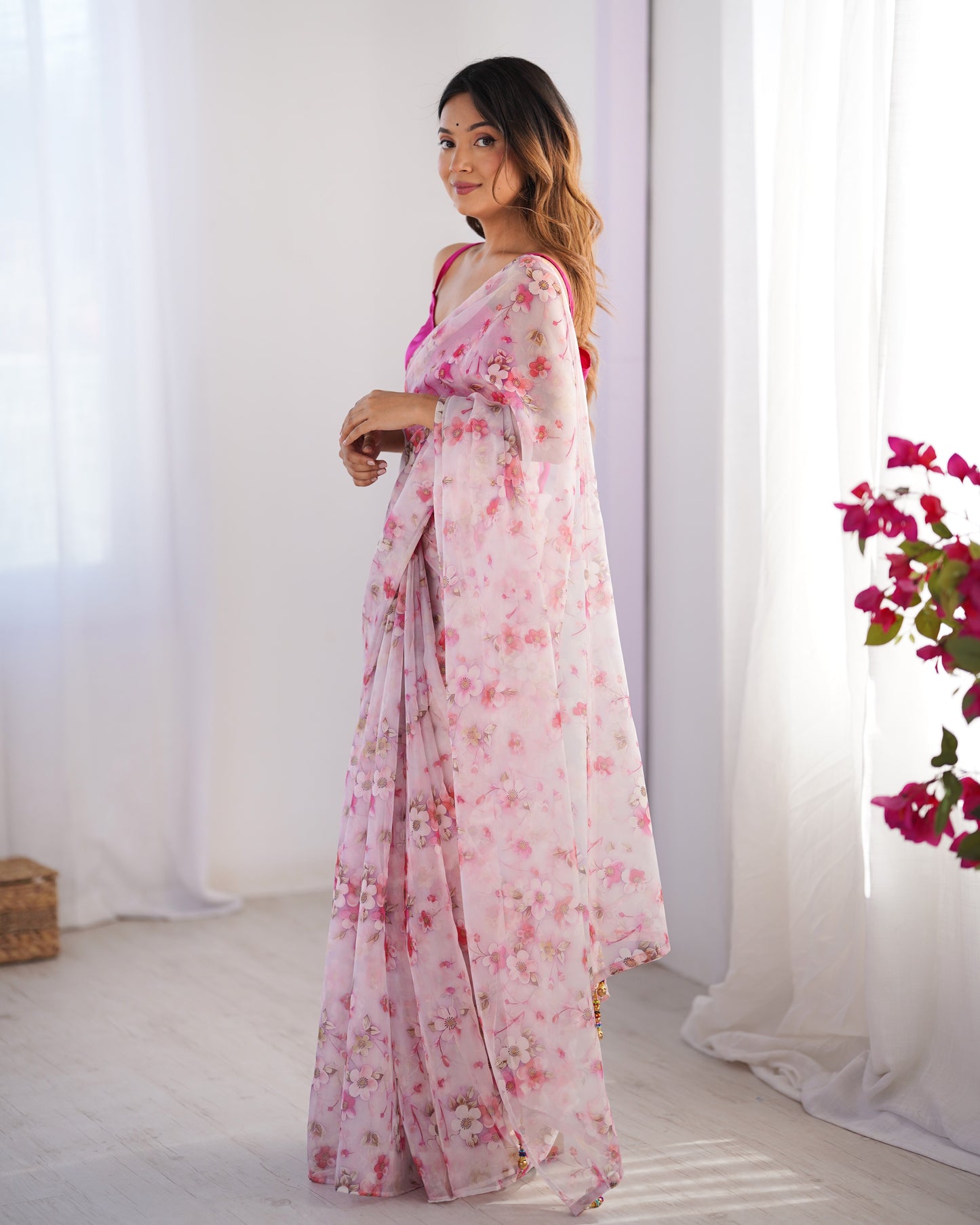 White color organza printed saree with blouse online