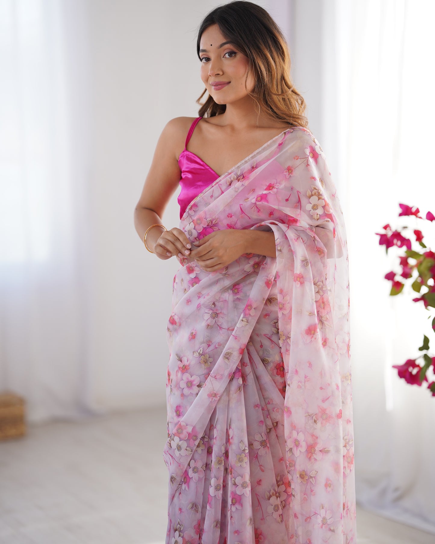 White color organza printed saree for women