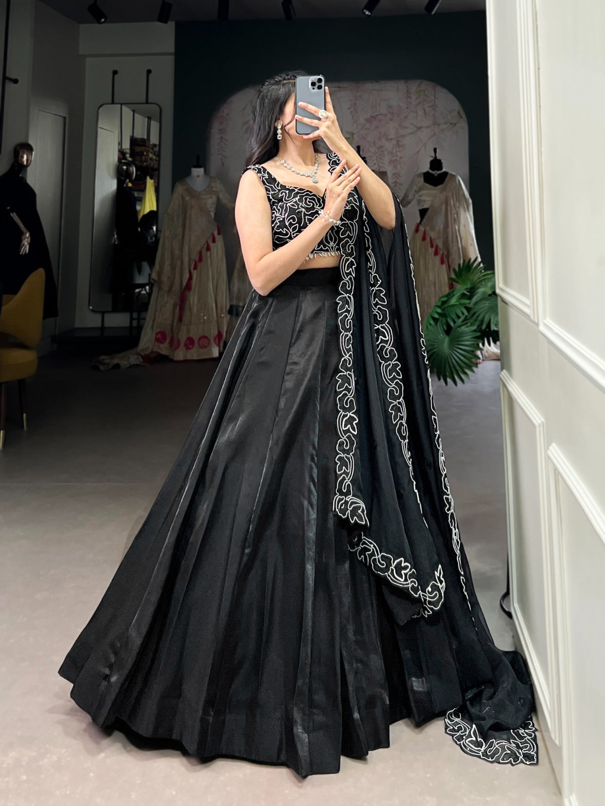 Black color star satin lehenga choli with dupatta online shopping