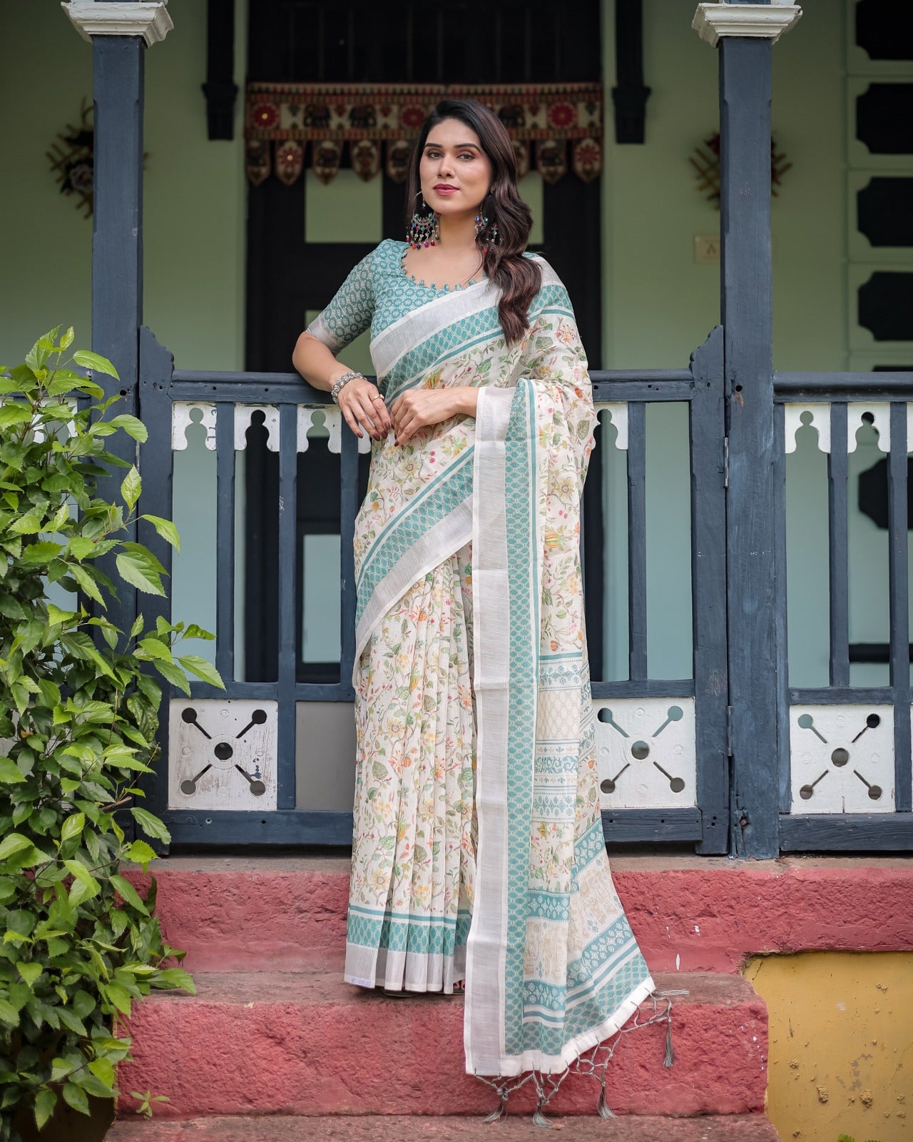 Ivory color linen printed saree for women