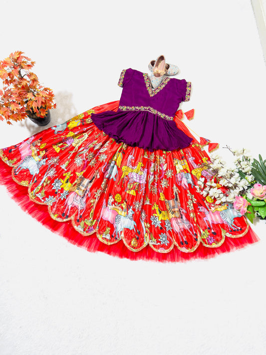 Red color silk lehenga choli for small girls online