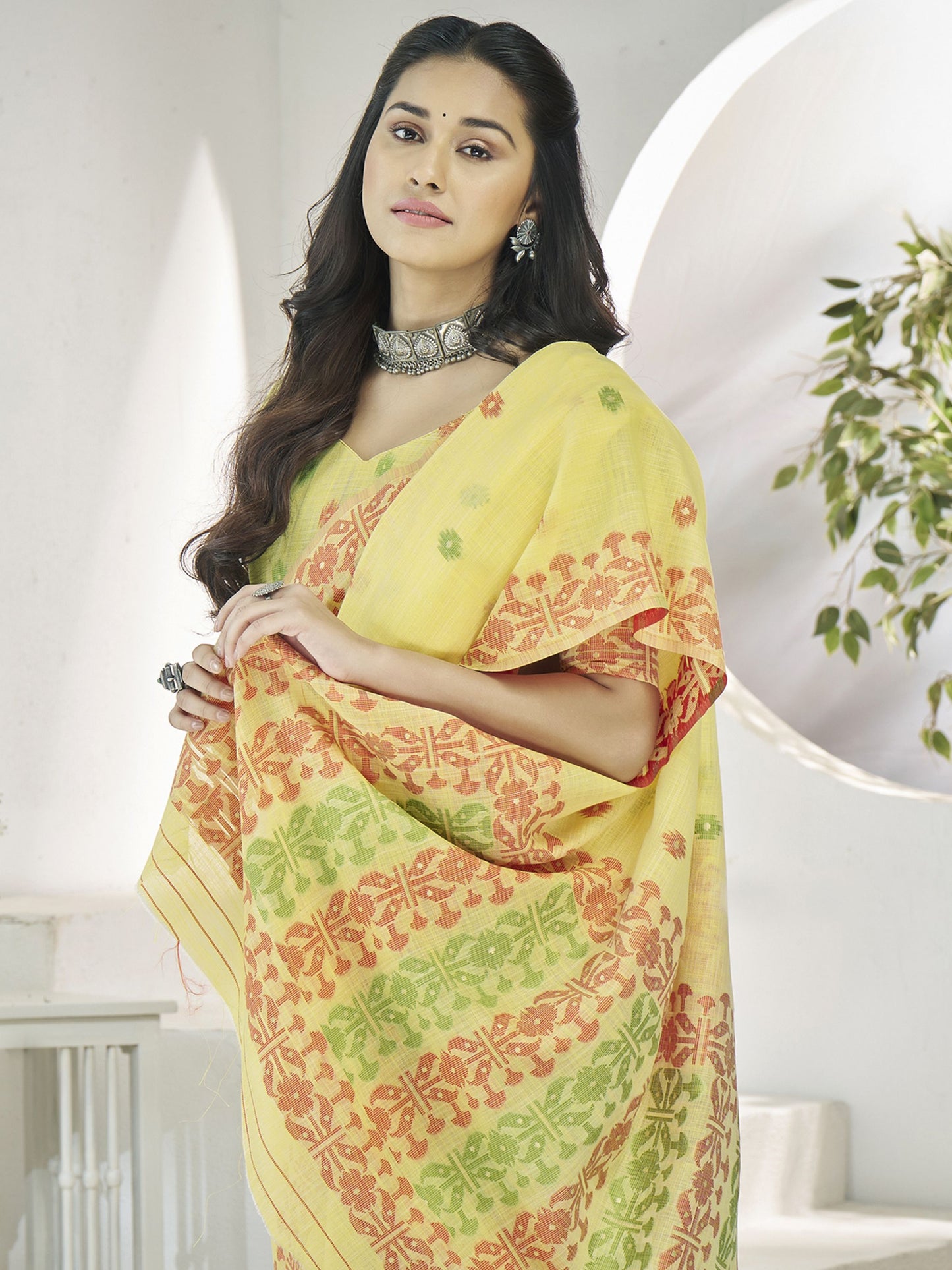 Yellow color linen Saree with blouse online shopping