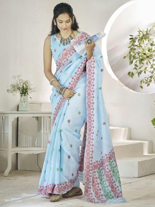 Sky color linen saree for wedding