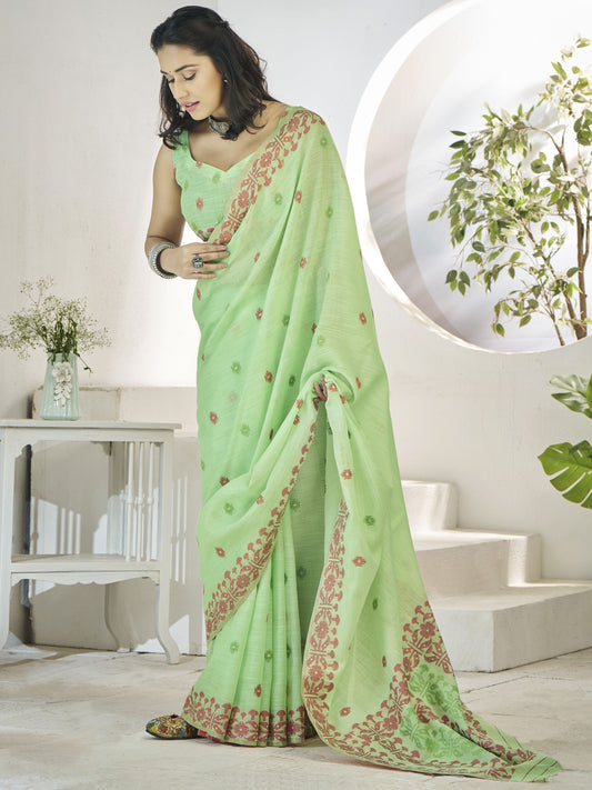 Pista color linen weaving saree for wedding