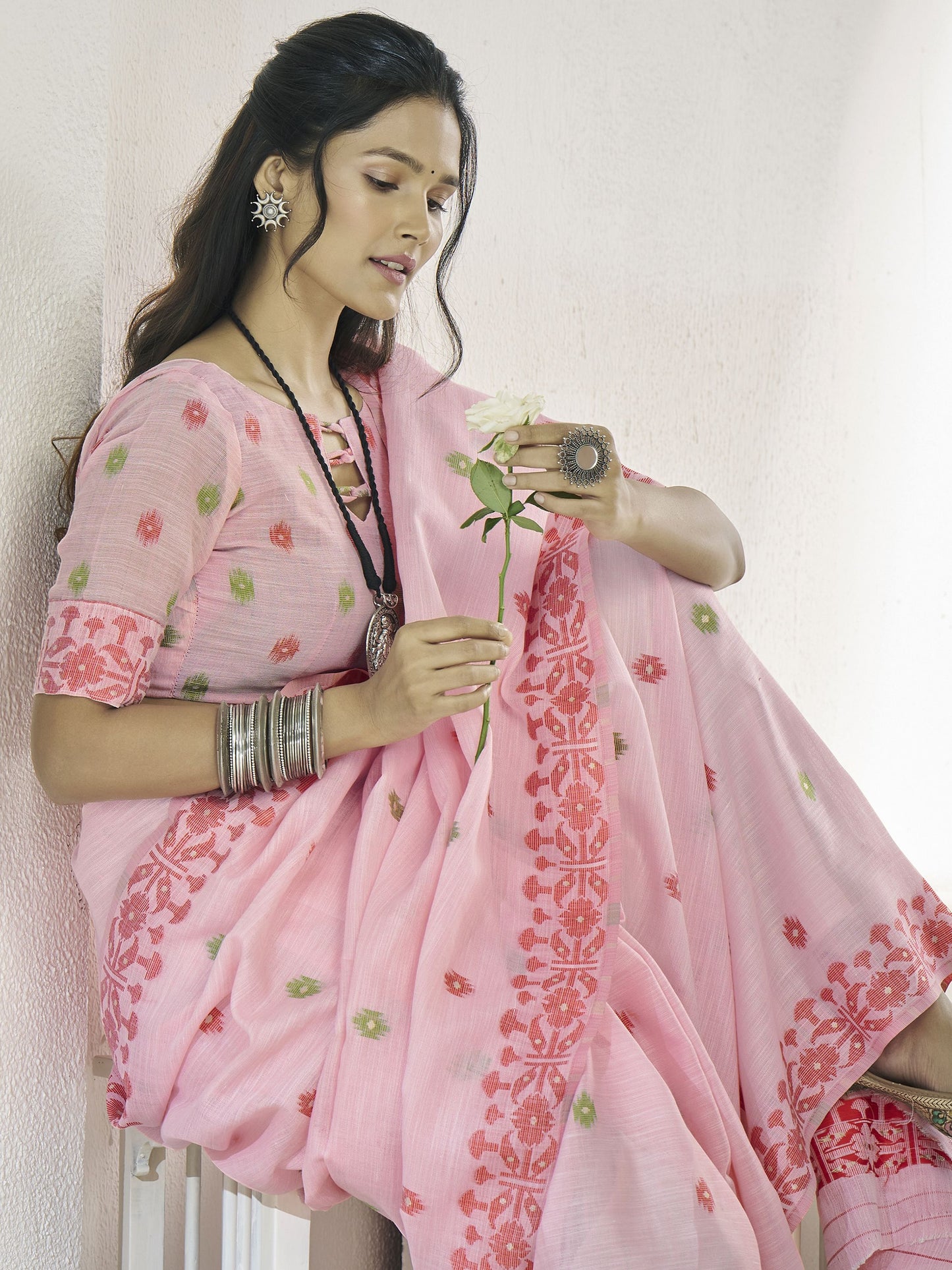 Pink color linen weaving saree with blouse online