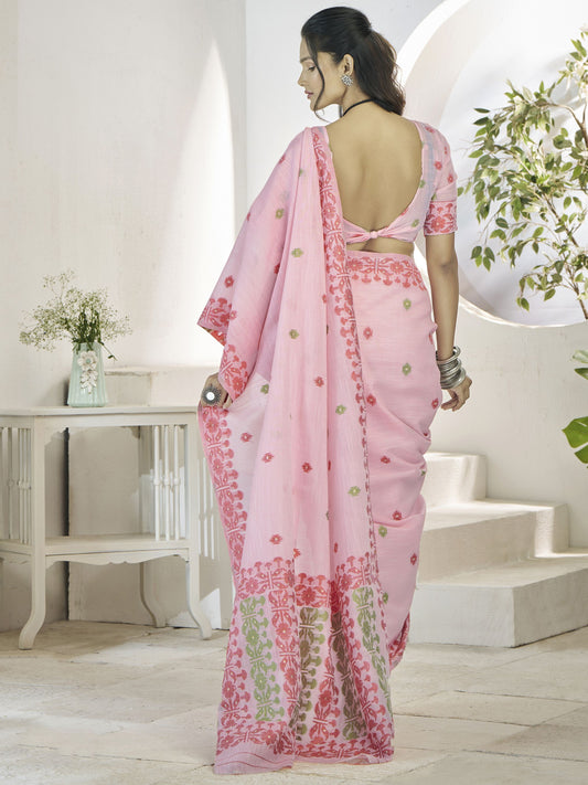 Pink color linen weaving saree with blouse price