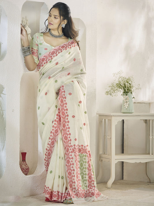 White color linen weaving saree with blouse