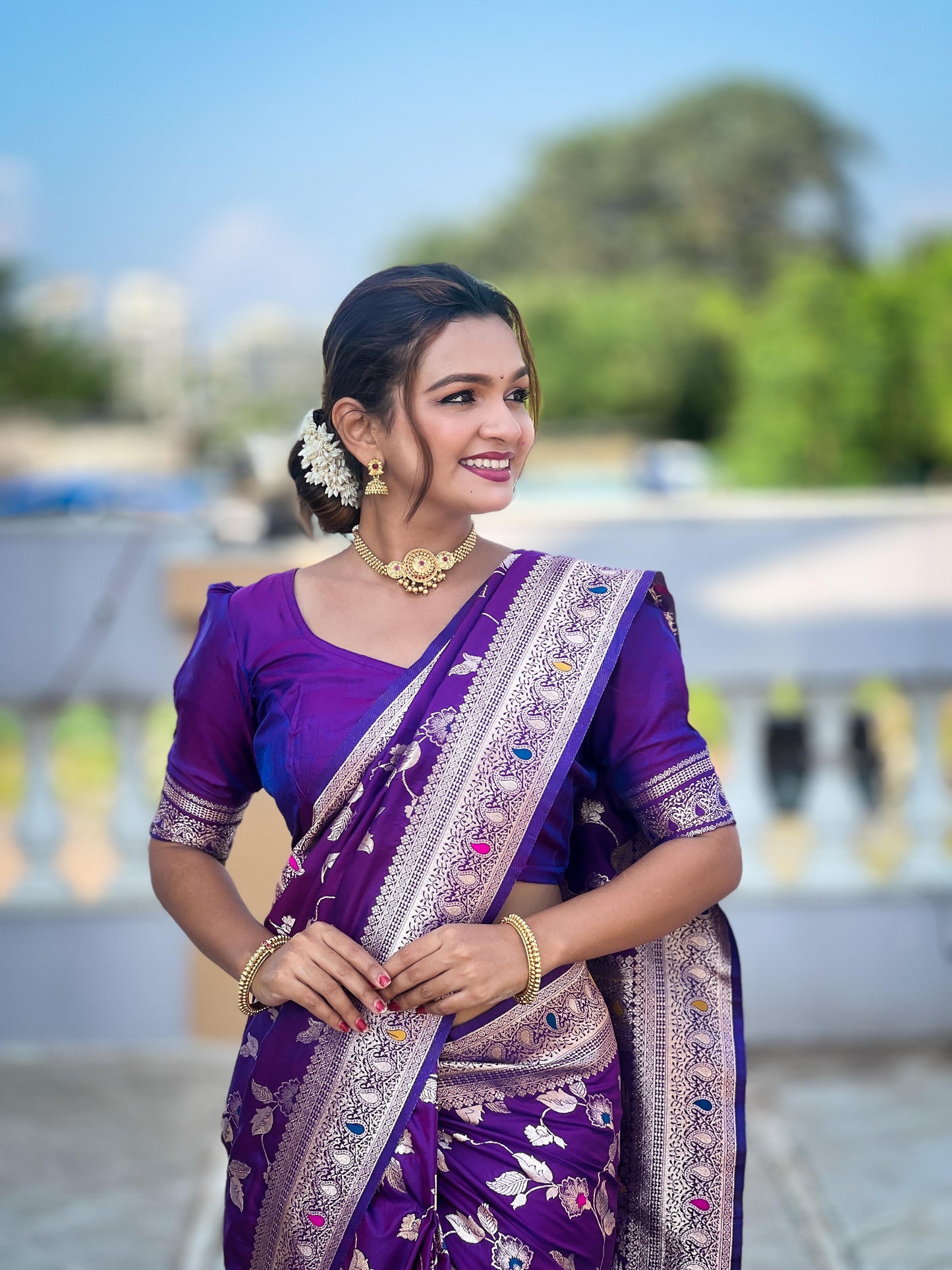 Purple color banarasi silk saree with blouse price