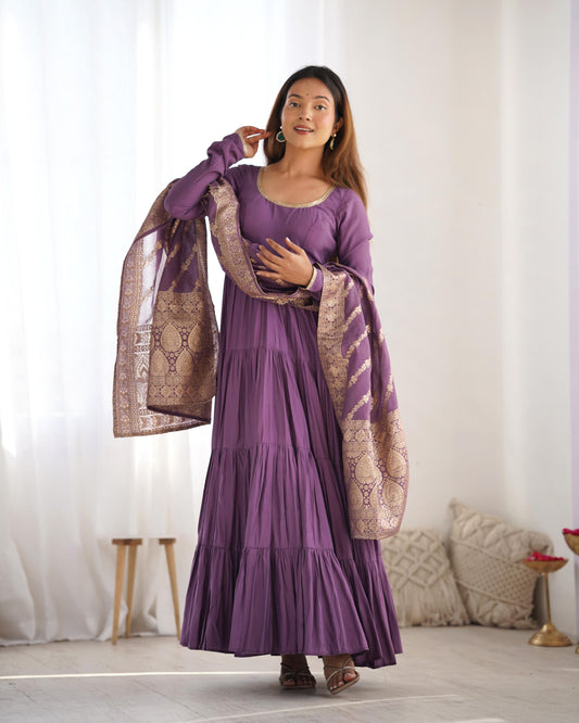 Mauve Purple color roman silk chanderi long gown price