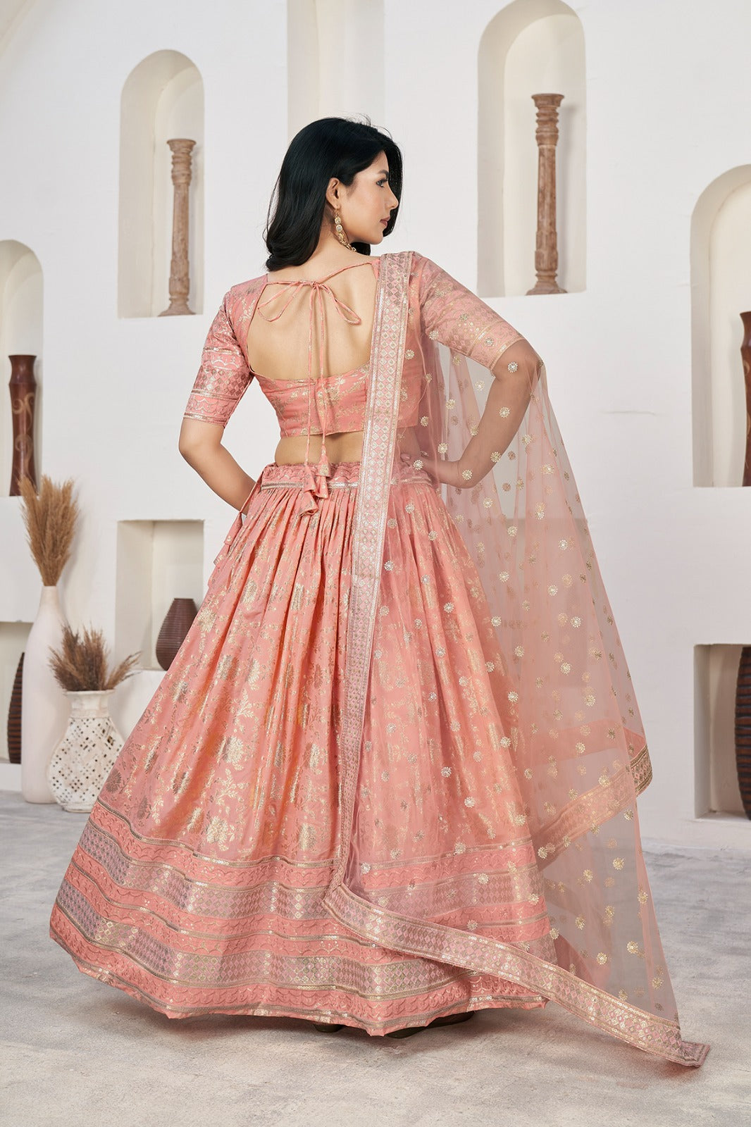 Peach color dola jacquard lehenga choli for women