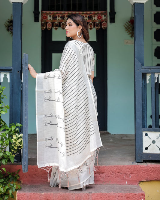 White color linen printed saree for party