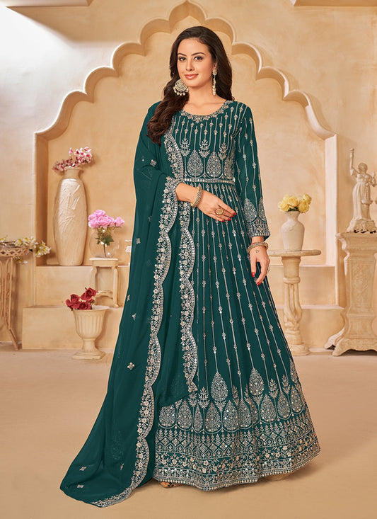 Teal Green color georgette long salwar suit images